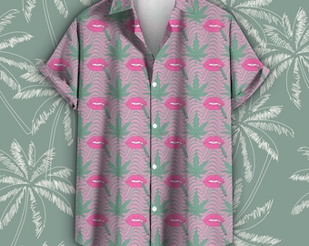 420 Hawaiian Tee, Weed Pattern Short Sleeve Shirt, Trippy Party Tshirt, Beach Vacation T-shirt, Unisex Button-Up Collar, Marijuana Top