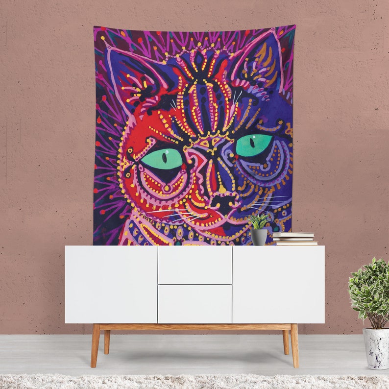 Colorful Cat Tapestry Psychedelic Wall Art Modern Print Contemporary Decor Kitty Theme Unique Gifts
