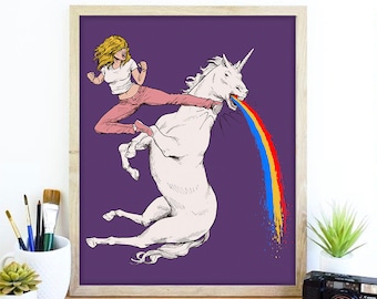 Funny Kicked Unicorn Poster, Karate Knockout Mythical Creature Art Print, Comical Martial Arts Illustration, Aggressive Girl Power Wall Art