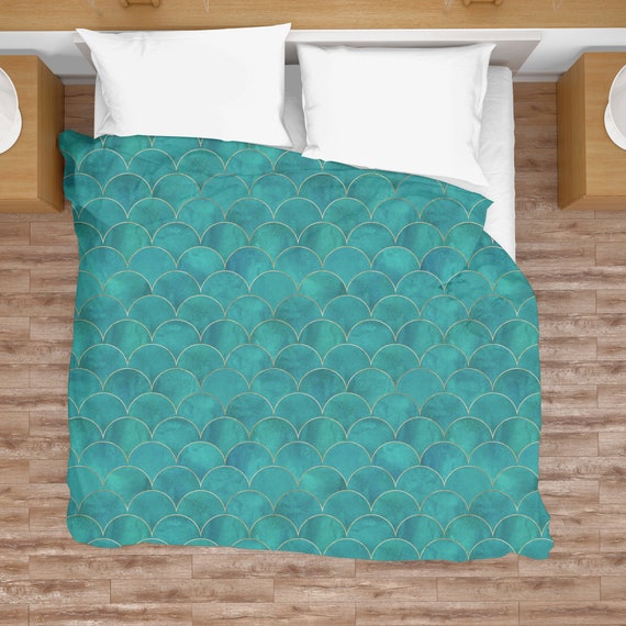 Mermaid Duvet Cover Mermaid Bedding Nautical Room Decor Fish Scales Blue Green Fabric Boho Bedding Beach Art Underwater Decor