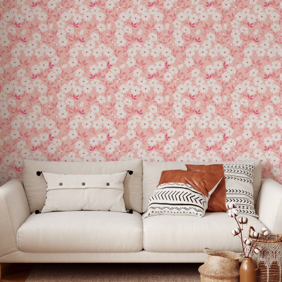 Pink Floral Pattern Removable Wallpaper White Flower Wall | Etsy