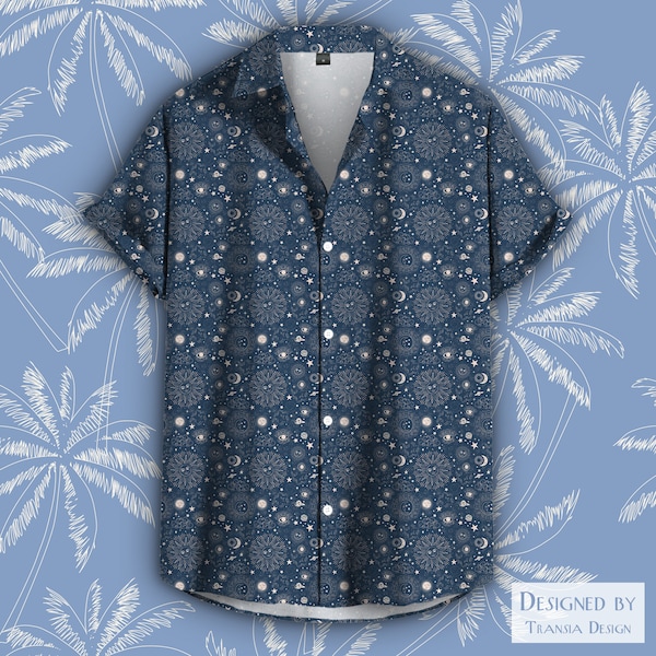 Constellation Tee, Blue Sun Shirt, Summer Party Tshirt, Starry Sky T-shirt, Unisex Button-Up Collar, Galaxy Art Short Sleeve Button Down