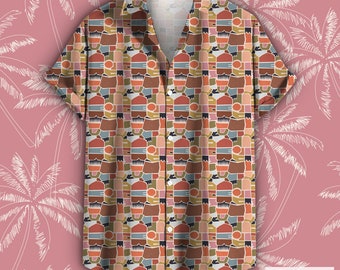 Color Block Hawaiian Tee, Block Pattern Short Sleeve Shirt, Beach Party Tshirt, Summer Vacation T-shirt, Unisex Button-Up Collar, Art Top