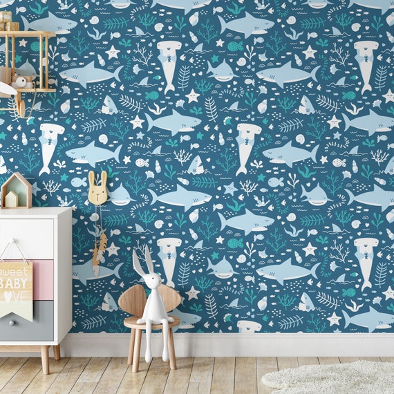 Peel-and-Stick Removable Wallpaper Nautical Baby Boy Nursery Shark Sharks Ocean Peel-and-Stick Removable Wallpaper Nautical Baby Boy Nursery Shark Sharks Ocean