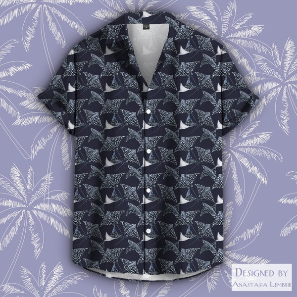 Spotted Stingray Tee, Sting Ray Pattern Short Sleeve Shirt, Boat Party Tshirt, Summer Vacation T-shirt, Unisex Button-Up Collar, Sea Life