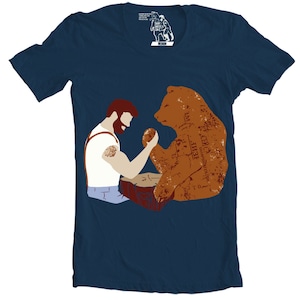 Cool Tee, Graphic Tshirt, Funny Shirt, Bear, Screen Printed, Animal Tee, Cotton, Navy, Arm Wrestling, Lumberjack, Plus Size, Made in USA image 2