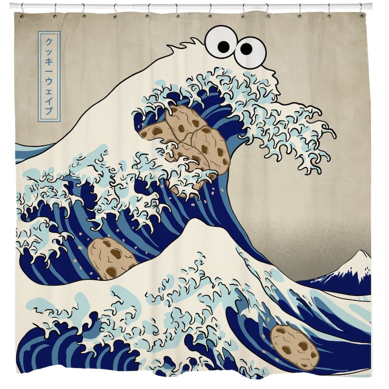 Cookie Shower Curtain, Monster Shower Curtain, Japanese Shower Curtain, Ocean Shower Curtain, Blue Bathroom Decor, Funny Gifts image 1