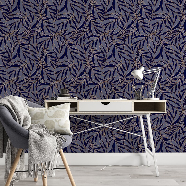 Blue Leaf Pattern Removable Wallpaper Pretty Nature Wall Etsy