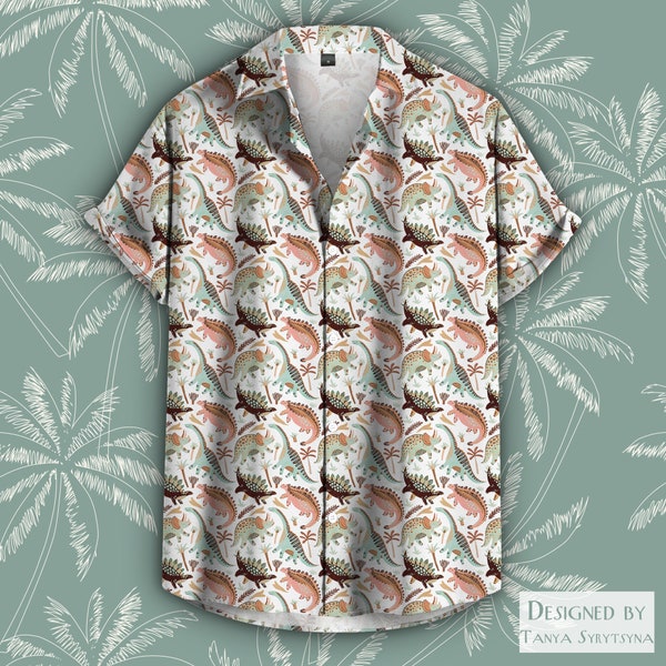 Retro Dinosaur Tee, Colorful Dino Shirt, Beach Party Tshirt, Dino Art T-shirt, Unisex Button-Up Collar, Dinosaur Short Sleeve Top