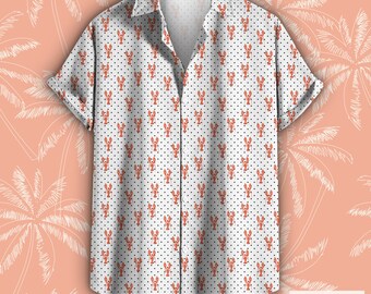 Lobster Polka Dot Button Down Shirt, Polka Dot Pattern Short Sleeve Shirt, Boat Party T-shirt, Unisex Button-Up Collar, Seafood Theme Tee