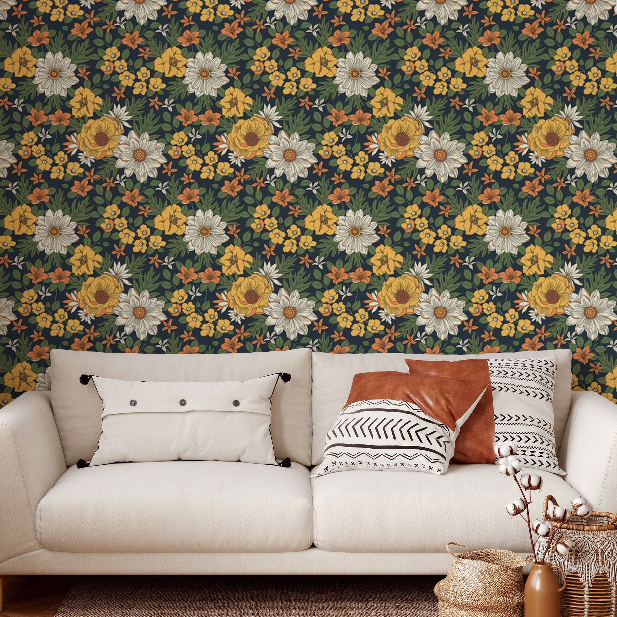 Yellow Flower Pattern Peel and Stick Wallpaper | Etsy