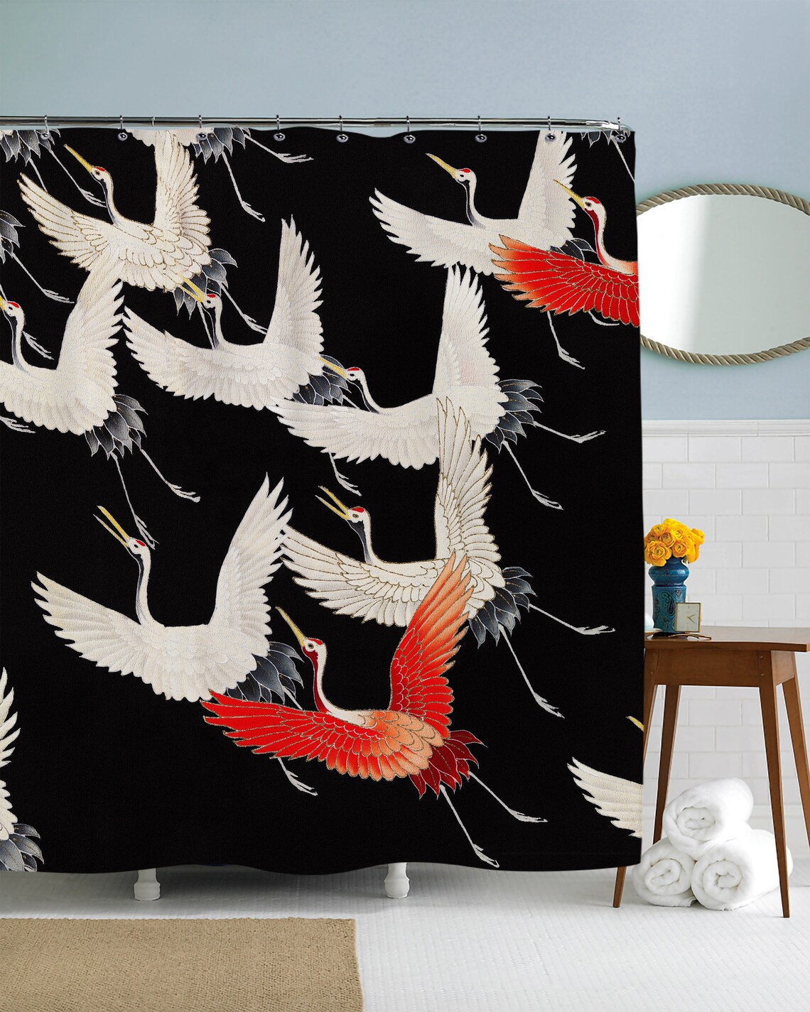 Crane Shower Curtain Japanese Art Bathroom Decor Shower Etsy