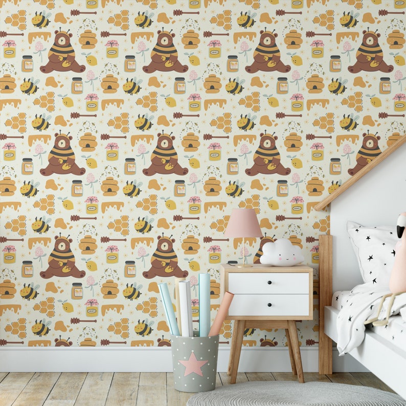 Honey Bee Bear Removable Wallpaper Cute Animal Wall Cling Etsy