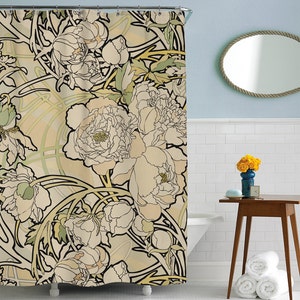 Art Nouveau Shower Curtain, Floral Bath Curtain, Nature Bathroom Decor, Fabric Shower Curtain, Floral Shower Curtain, Creme Flower Curtain image 2