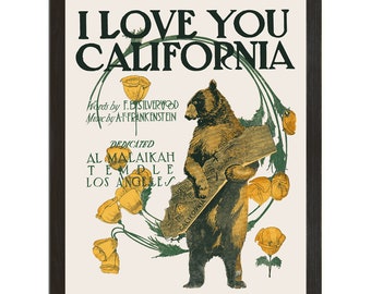 California Poster, Bear Print, Retro Decor, Floral Art, Music Poster, California Art, Cute Wall Art, Bear Art, Nature Print, 8x10, 18x24