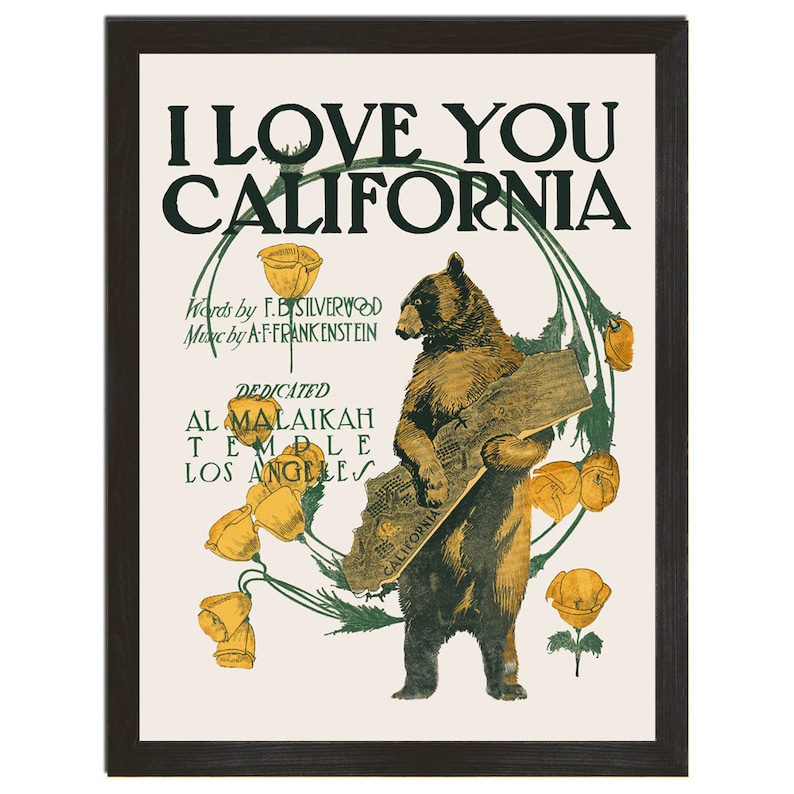 California Poster Bear Print Retro Decor Floral Art Music Etsy