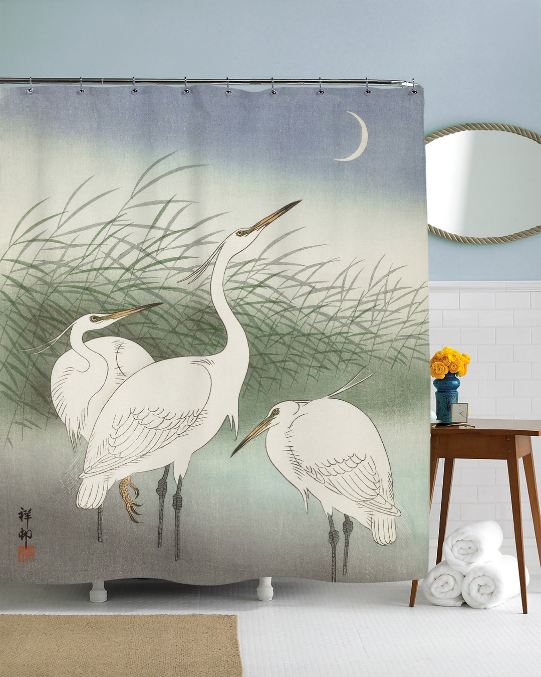 Crane Shower Curtain, Japanese Shower Curtain, Bird Bathroom Decor
