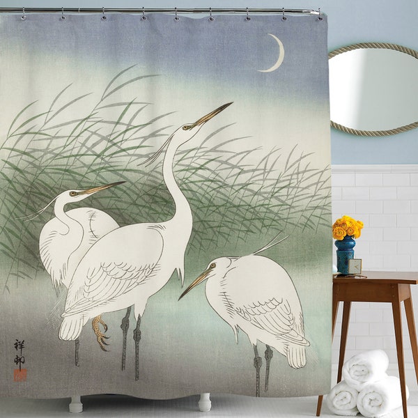 Crane Shower Curtain, Japanese Shower Curtain, Bird Bathroom Decor, Shower Curtain, Crane Art, Japanese Artwork, Artistic Bathroom Decor