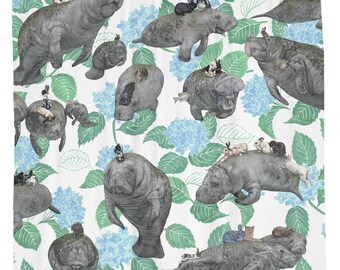 Rabbit Shower Curtain, Manatee Shower Curtain, Boho Chic Animal Art, Nautical Bathroom Decor, Cool Manatee Art, White Fabric Curtain