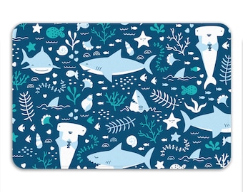 Shark Bath Mat, Shark Bathroom, Ocean Theme Nautical Decor, Jaws Shower Mat, Kids Room Decor, Memory Foam Mat, Navy Blue Mat, Printed in USA