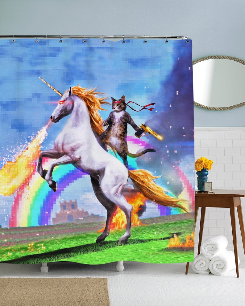 Funny Shower Curtain Cat Riding Unicorn Unusual Art Fun Etsy