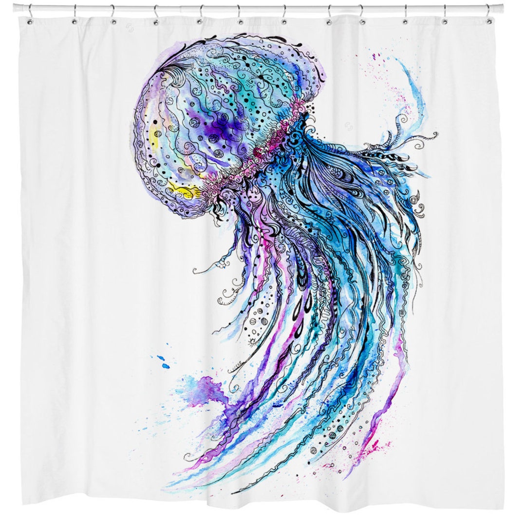 Jellyfish Shower Curtain Aqua Colors Watercolor Ilustration Etsy