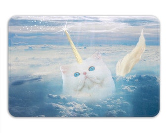 Cat Bath Mat, Unicorn Bathroom Rug, Memory Foam Bathroom Carpet, Unicorn Rug Mat, Cats And Unicorns Decor, Blue House Mat, Printed in USA