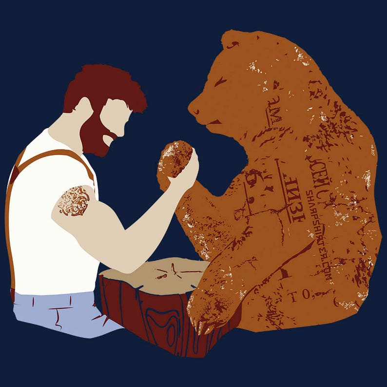 Cool Tee, Graphic Tshirt, Funny Shirt, Bear, Screen Printed, Animal Tee, Cotton, Navy, Arm Wrestling, Lumberjack, Plus Size, Made in USA image 3