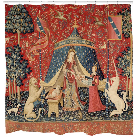 Lady Unicorn Shower Curtain Decor Medieval Lady Unicorn Shower Curtain, Medieval Tapestry Shower Curtain