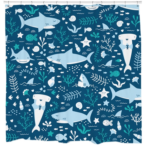 Shark Shower Curtain Fish Shower Curtain Kids Shower Etsy