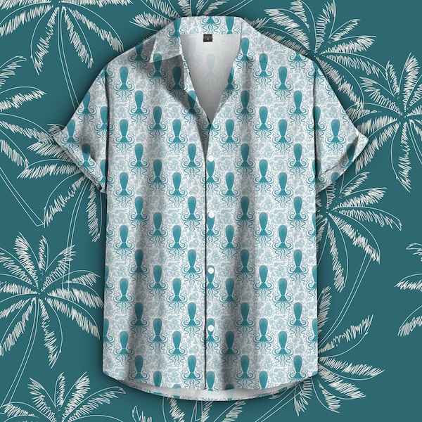 Teal Krakens Short Sleeve Tee, Tropical Squid shirt, Beach Party Tshirt, Vacation T-shirt, Unisex Button-Up Collar, Teal Octopus Pattern