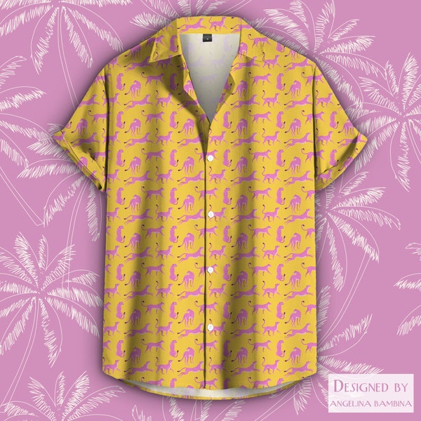 Pink Cheetah Short Sleeve Tee, Summer Beach Shirt, Party Animal Tshirt, Tropical Fruit T-shirt, Unisex Button-Up Collar, Pink Cheetah Top