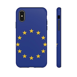 May include: A blue phone case featuring a circle of yellow stars, representing the European Union flag.