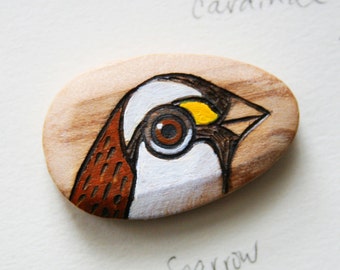 Sparrow Wood Burned and Hand Painted Wood Bead