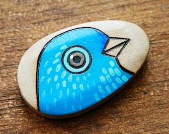 Blue Bird Burned and Hand Painted Wood Bead