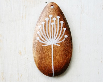 Dandelion Hand Painted Wood Pendant White Paint on Stained Wood