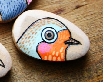 English Robin Wood Burned and Hand Painted Wood Bead