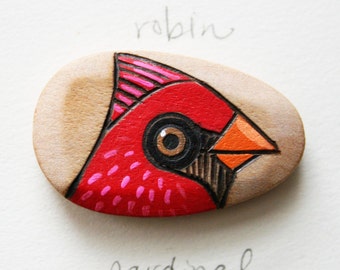 Cardinal Burned and Hand Painted Wood Bead