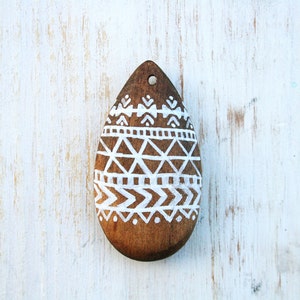 Native Pattern Painted Wood Pendant White Paint on Stained Wood