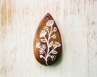 Folk Floral Painted Wood Pendant White Paint on Stained Wood