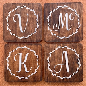 Monogram Wooden Coasters, Rustic Farmhouse Decor, Personalized Gift Set of 4