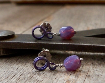Hypoallergenic Purple Titanium Drop Earrings - Short Dangle Studs for Sensitive Ears