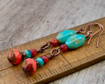 Czech Bead Earrings - Turquoise Earrings - Coral Earrings - Boho Earrings - Gift for Mom