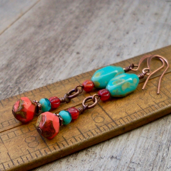 Czech Bead Earrings - Turquoise Earrings - Coral Earrings - Boho Earrings - Gift for Mom