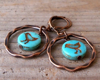 Bird Earrings - Boho Copper Jewelry - Turquoise Baby Chick Earrings - Hypoallergenic Titanium Earrings