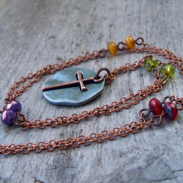 Rustic Cross Necklace - Copper Cross Necklace - Cross Jewelry - Cross Pendant Beaded Necklace - Purple, Red, Yellow, Green Necklace