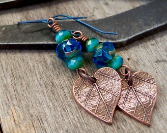 Boho Copper Leaf Earrings - Hypoallergenic Titanium Bead Jewelry - Nature-Inspired Gift for Her