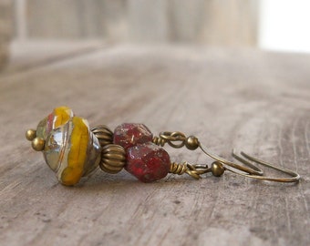 Gift for Her - Yellow and Red Bead Earrings - Boho Earrings - Boho Jewelry - Dangle Earrings - Fall Earrings - Autumn Jewelry