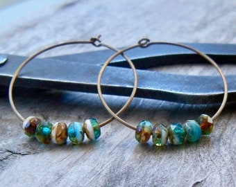 Titanium Hoop Earrings - Boho Earrings - Beaded Hoop Earrings - Titanium Earrings - Teal and Brown Series