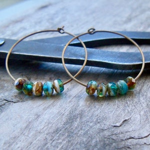 Titanium Hoop Earrings - Boho Earrings - Beaded Hoop Earrings - Titanium Earrings - Teal and Brown Series